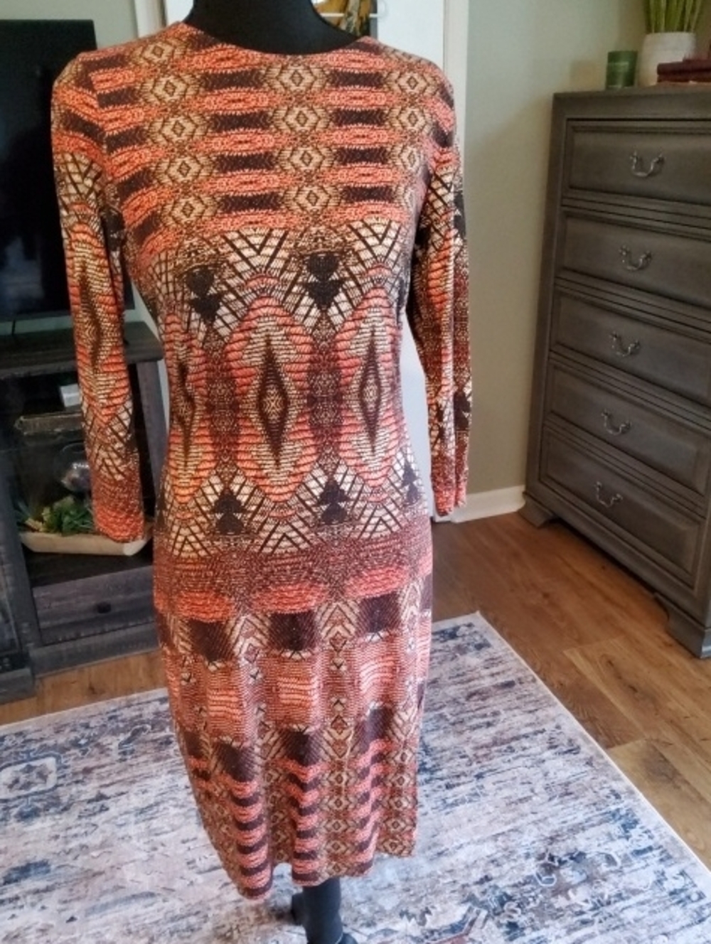 Karen Kane 3/4 Sleeve Knit Dress Abstract Print Made In USA Small